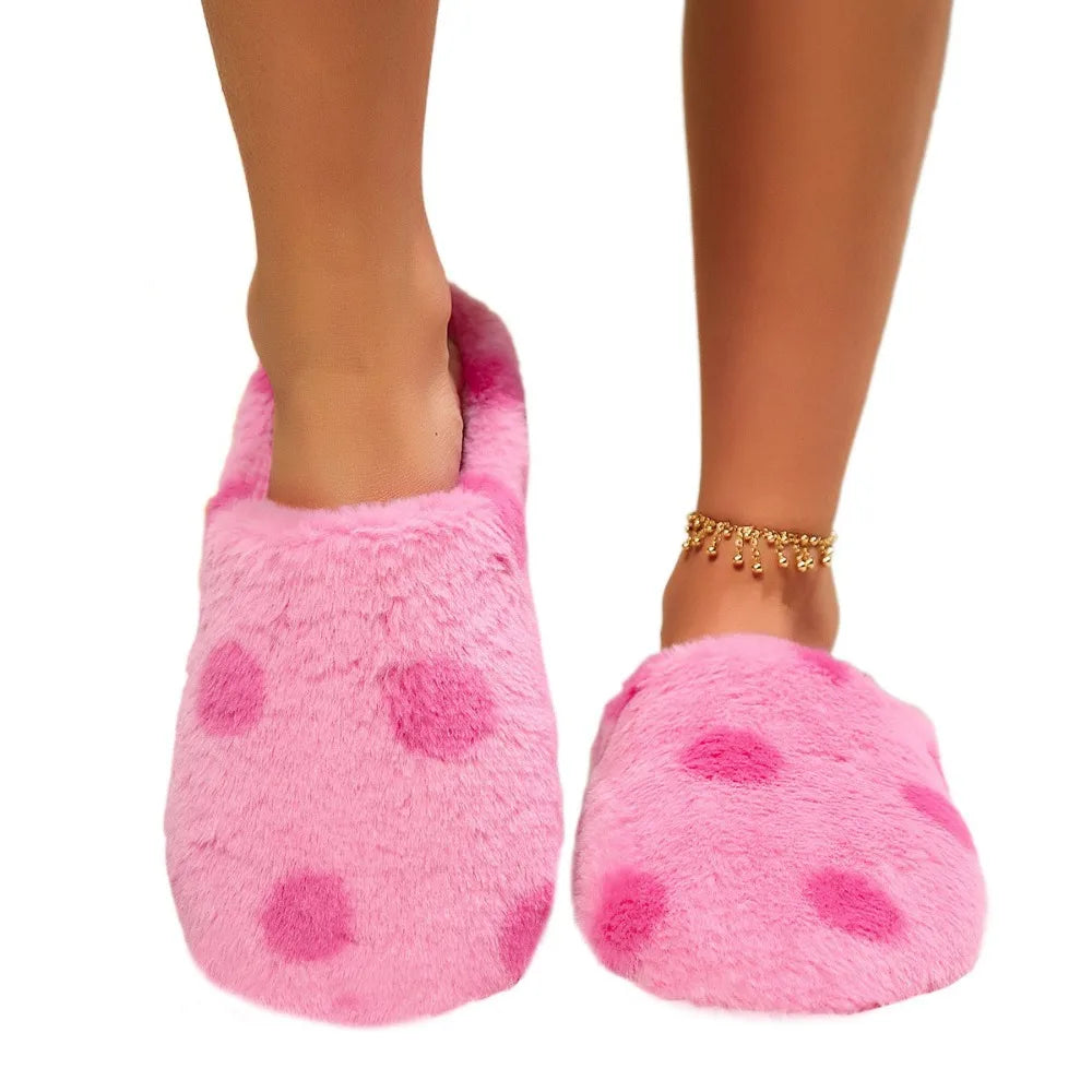 Silent Shoe Sole Soft Sole Plush Slide Slippers Casual Lightweight Dots Fur Slipper Anti-slip Patchwork House Flat Shoes Female