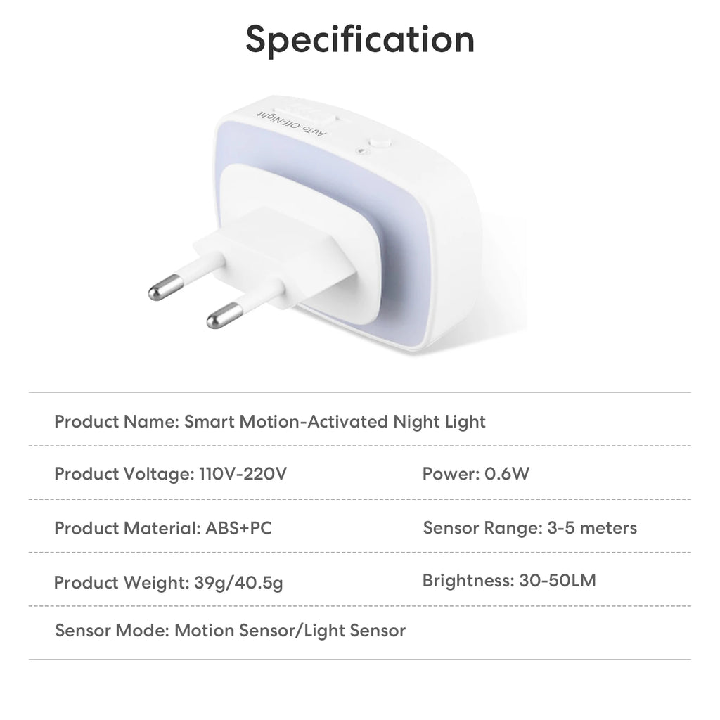 Smart Night Light EU Plug Dimmable LED with PIR Motion Sensor & Light Detection Energy-Saving for Corridor Toilet Stairs
