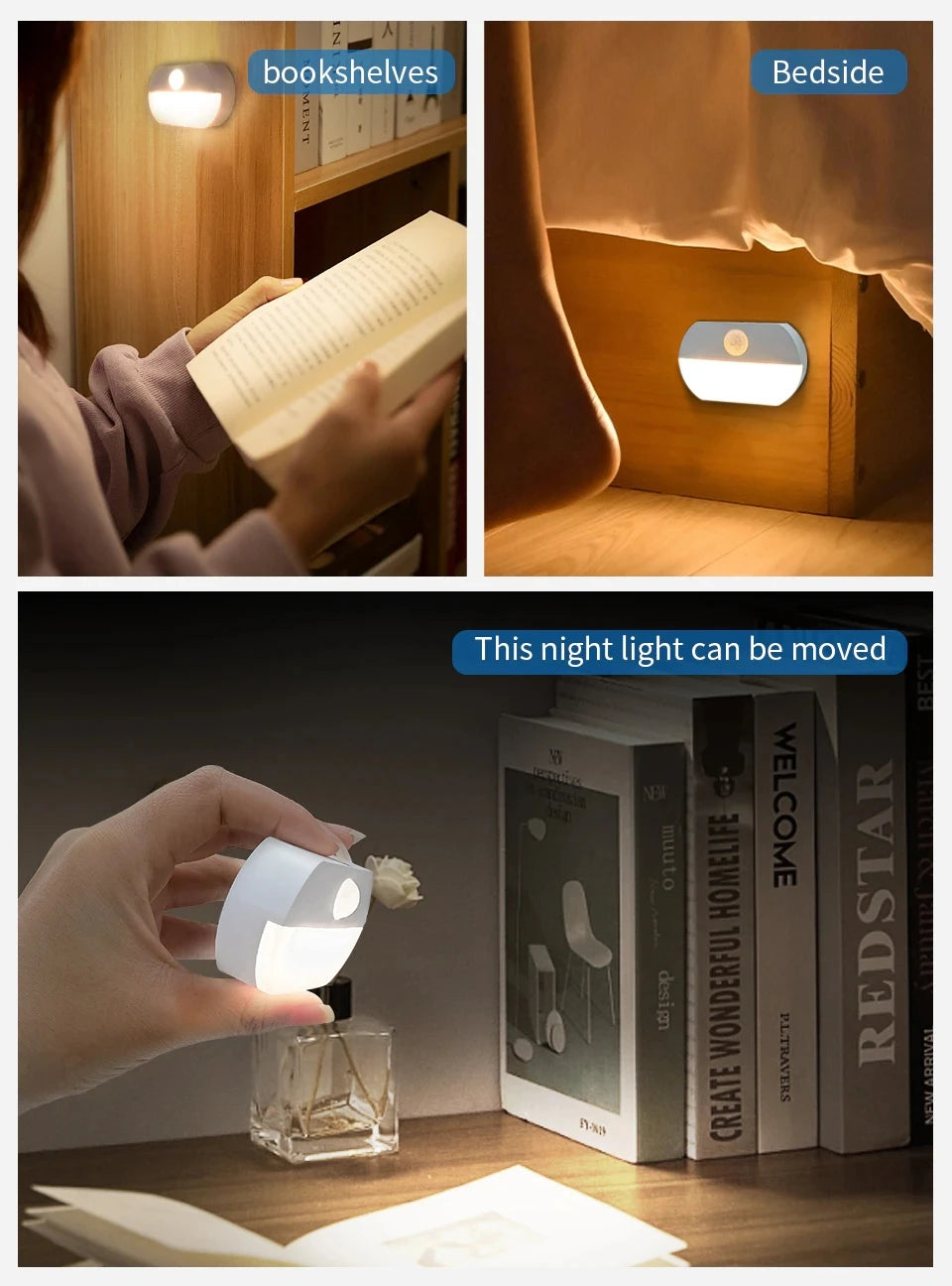 Motion Sensor LED Night Light Battery Powered Indoor Night Lamp  for Bedroom Wall Staircase Closet Aisle Body Induction Lamp