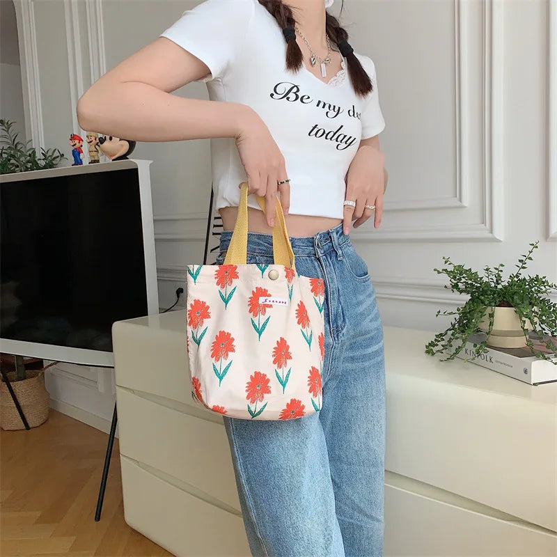 Women's Beauty Flower Canvas Bag Outside Shopping Toiletry Phone Oagnzier Storage Bags Korean Cloth Handbags Lunch Box Bento Bag