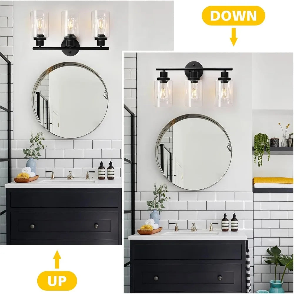 Modern Bathroom Mirror Wall Light Fixtures Black 3-Light Vanity Lights with Clear Glass for Bathroom Living Room Bedroom Hallway