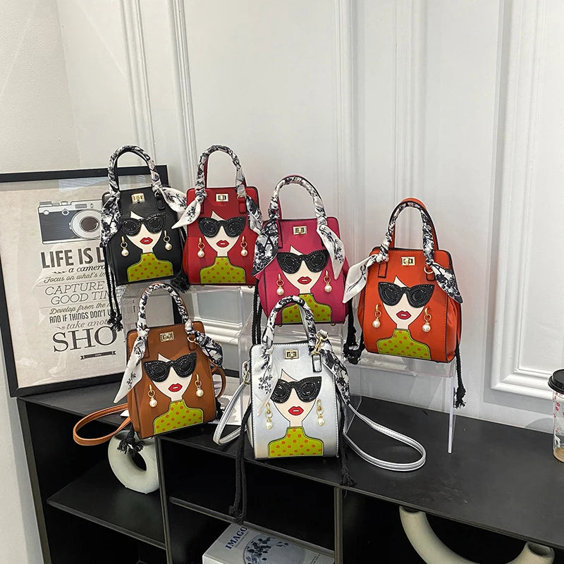 2024 Brand Beauty Glasses Handbags for Women High Quality PU Shoulder Bag Cute Scarf Purses and Crossbody Bag