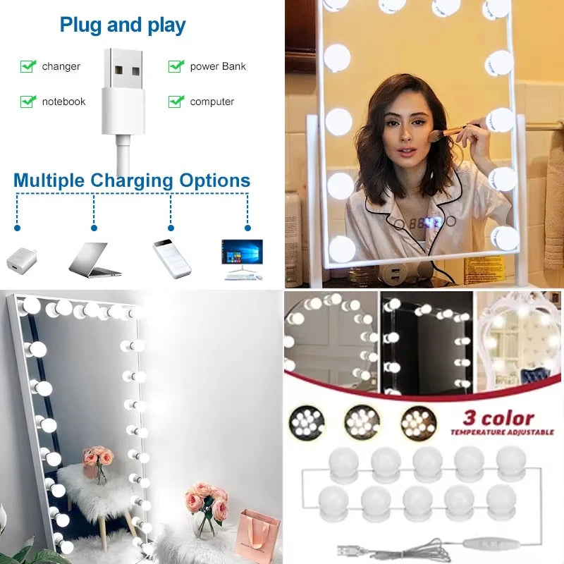 LED Mirror Makeup Mirror w/Lights,Detachable 10LED Bulbs,3 Color Dimmable Vanity Light,Touch Control,USB Powered,Dressing Table