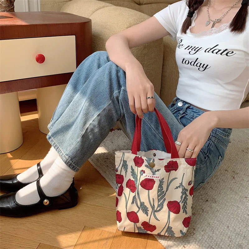 Women's Beauty Flower Canvas Bag Outside Shopping Toiletry Phone Oagnzier Storage Bags Korean Cloth Handbags Lunch Box Bento Bag