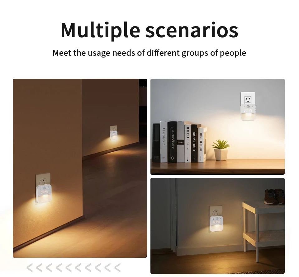 Motion Sensor LED Night Light with Time Display EU and US Socket Plug-in Wall Lamp Smart Sensing Light for Hallway Stair Bedroom