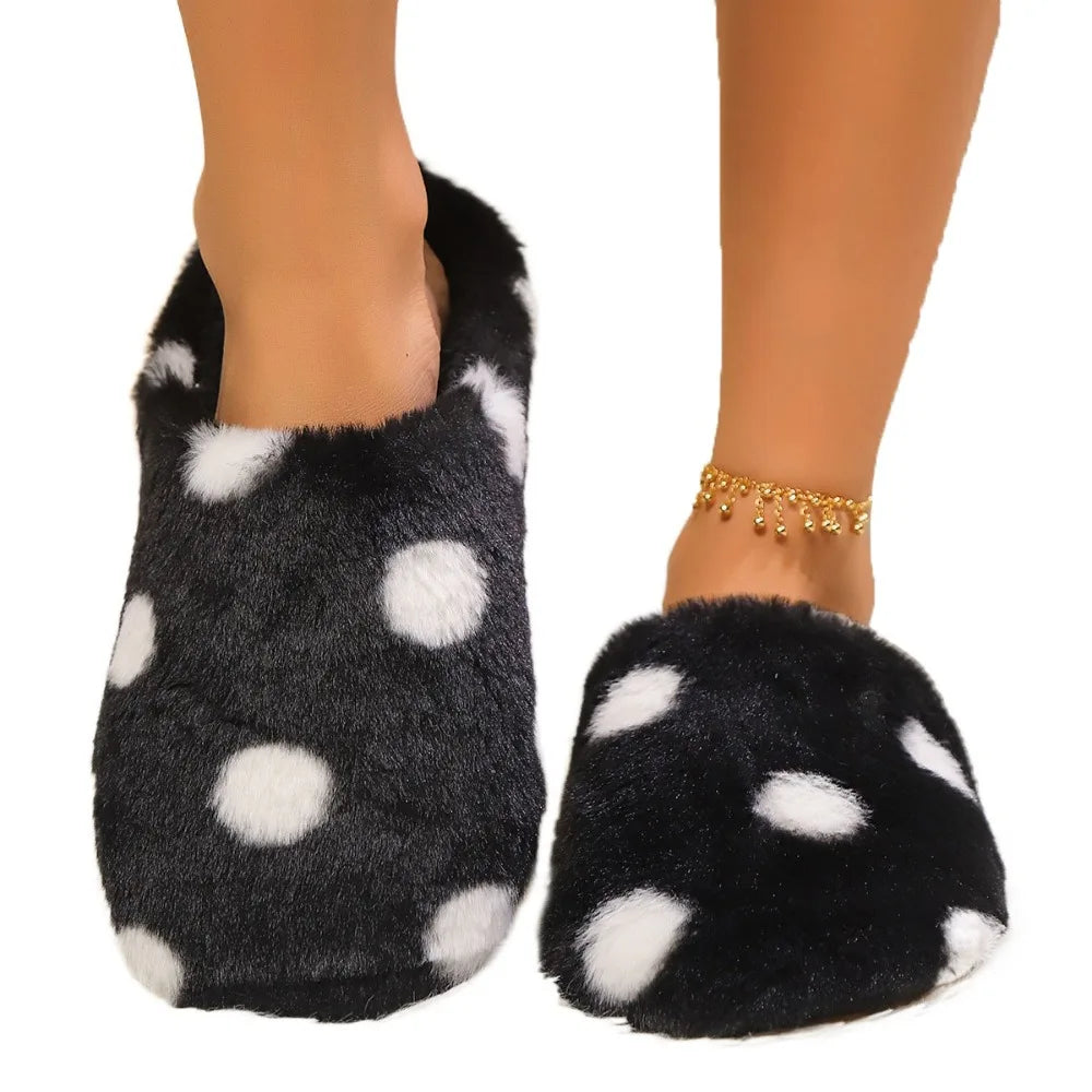 Silent Shoe Sole Soft Sole Plush Slide Slippers Casual Lightweight Dots Fur Slipper Anti-slip Patchwork House Flat Shoes Female