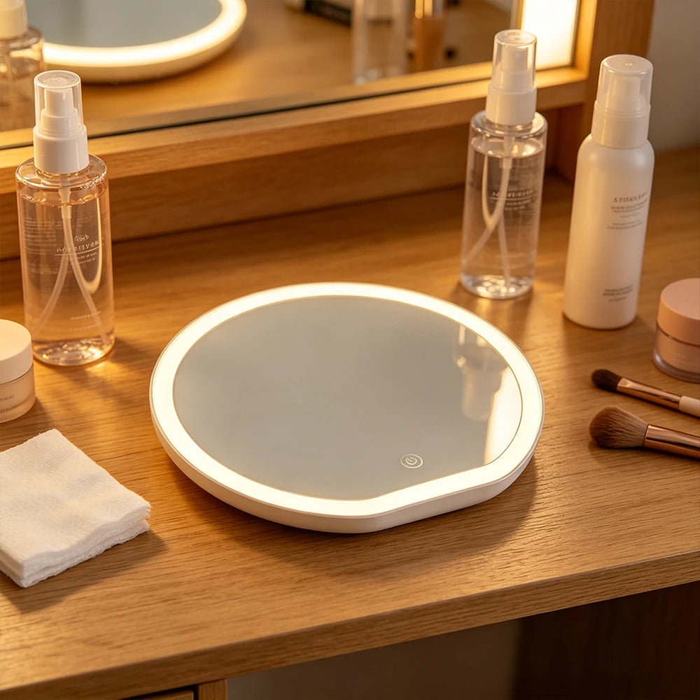 Round LED Lighted Makeup Mirror With Smart Touch Button Adjustable Brightness HD Cosmetic Vanity Mirror For Bedroom Dressing