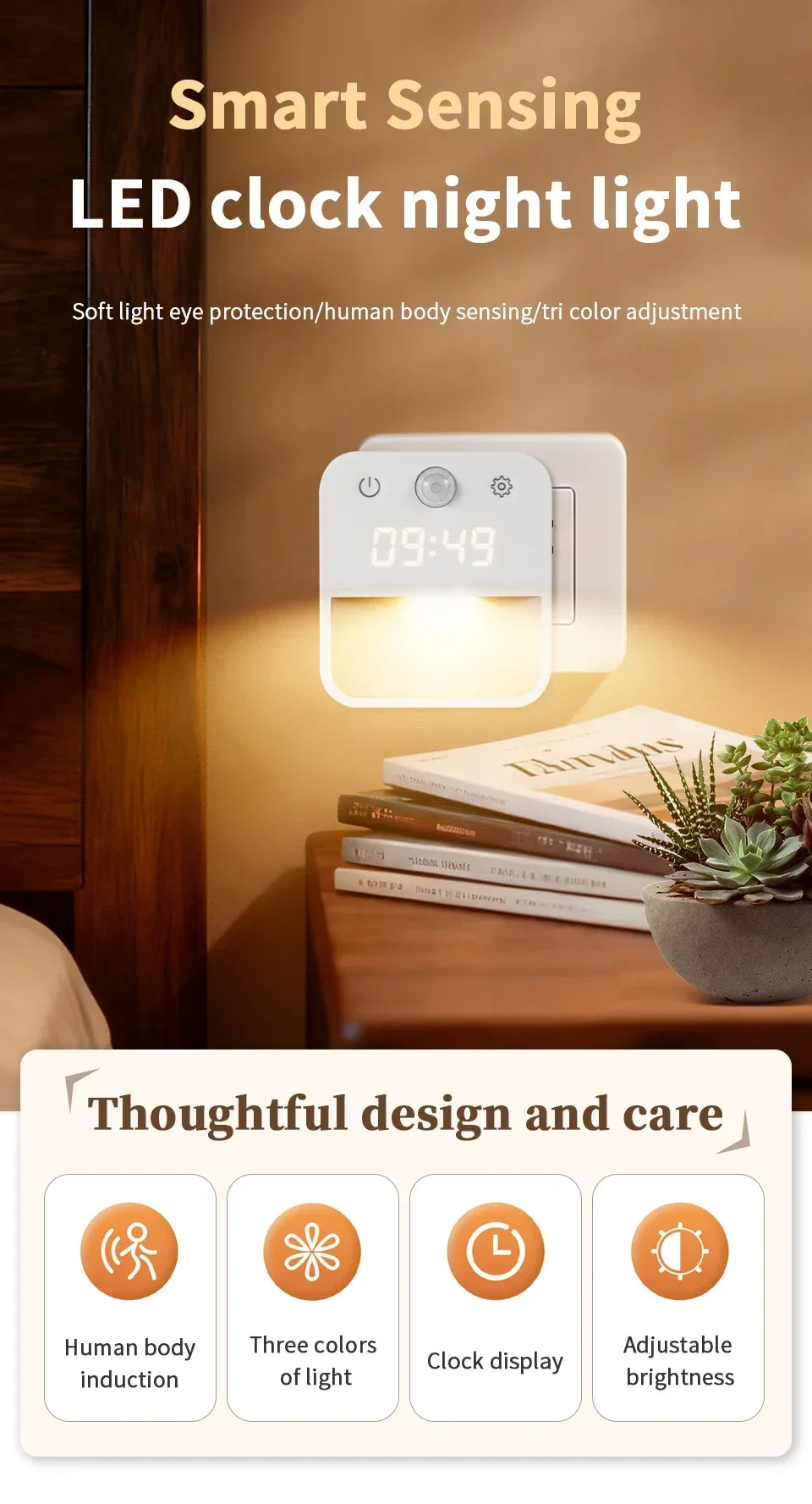 Motion Sensor LED Night Light with Time Display EU and US Socket Plug-in Wall Lamp Smart Sensing Light for Hallway Stair Bedroom