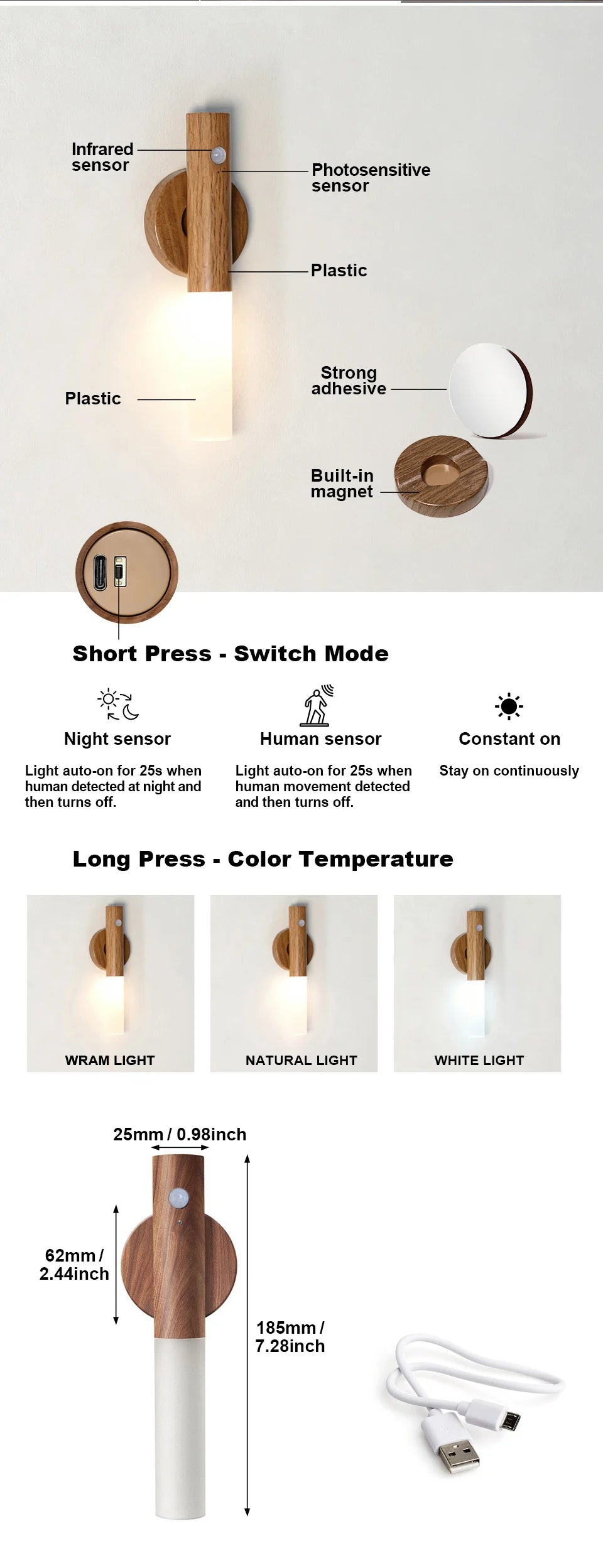 Smart Motion Sensor Night Light Magnetic LED Wall Lamp LED Rechargeable Bedroom Stairs Bathroom Kitchen Cabinet Light Lamp