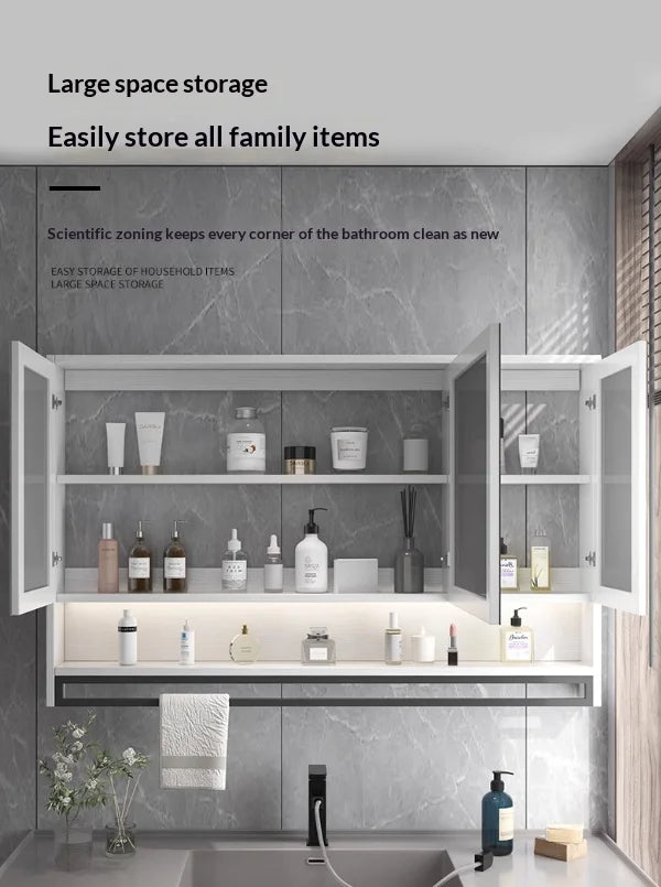 Bathroom Mirror LED Backlit Smart Anti Fog Touch Sensor Mirrored Cabinet Wall Mounted Storage Shelf Vanity Mirror Household