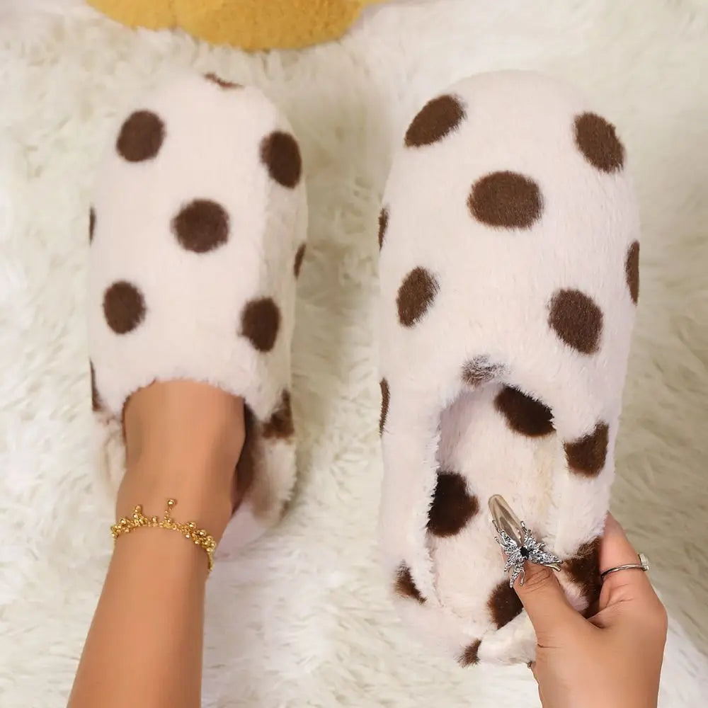 Silent Shoe Sole Soft Sole Plush Slide Slippers Casual Lightweight Dots Fur Slipper Anti-slip Patchwork House Flat Shoes Female