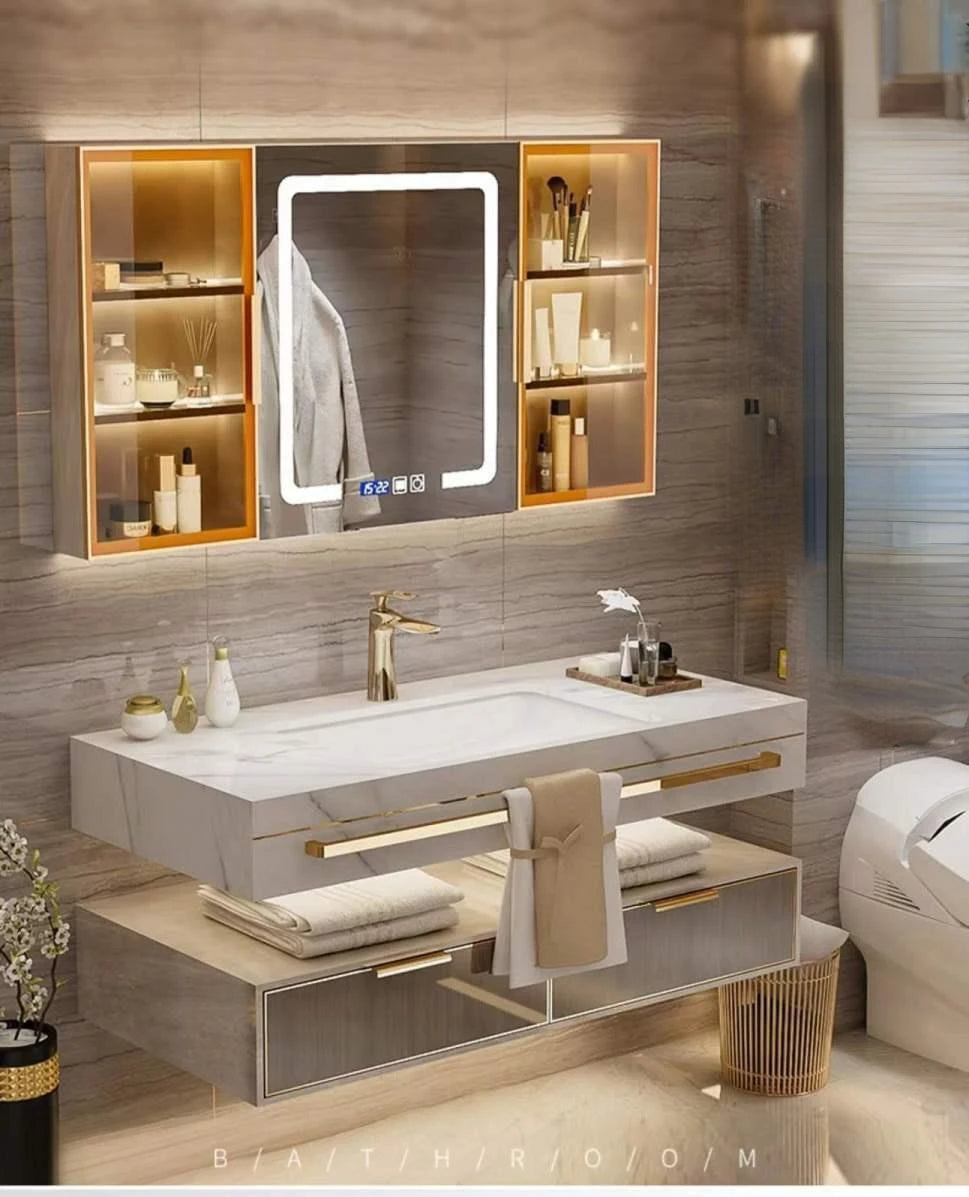 Modern Slate Bathroom Cabinet with Double Washbasin Smart Mirror Ceramic Bathroom Vanity Cabinets Under Sink Bathroom Furniture