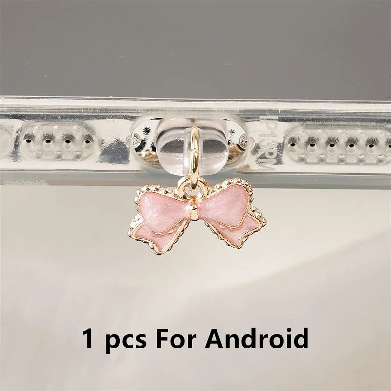 1pc Beautiful Pink and White Bowknot Phone Dust Plug for iPhone/Type-C /Android Mobile Phone Pendant Accessories Gift for Lovers