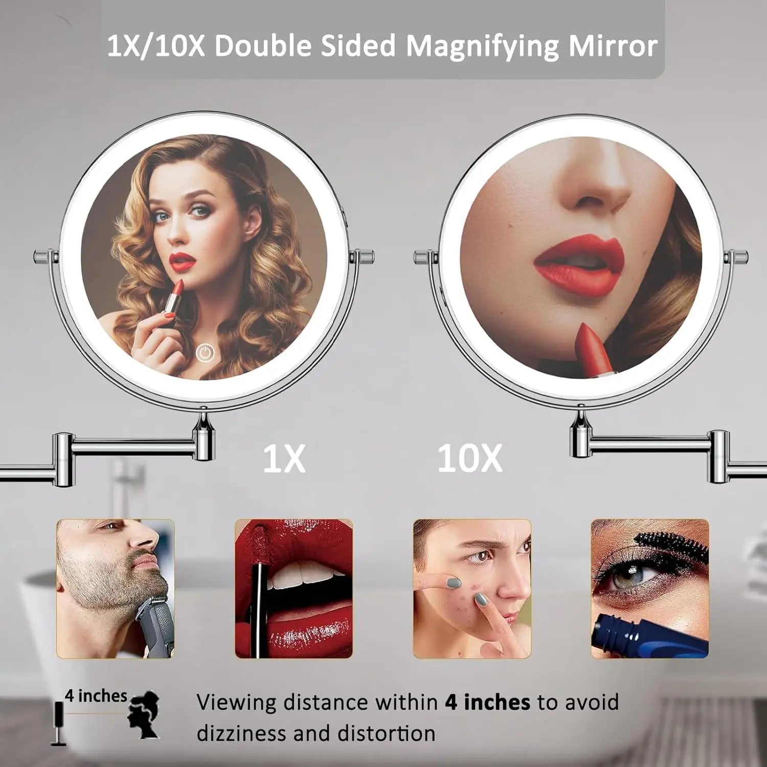 8" Wall Mounted Bathroom Makeup Mirror with 3 Color Light,Double Sided 1X/10X Magnifying Lighted Mirror LED Mirror for Shaving