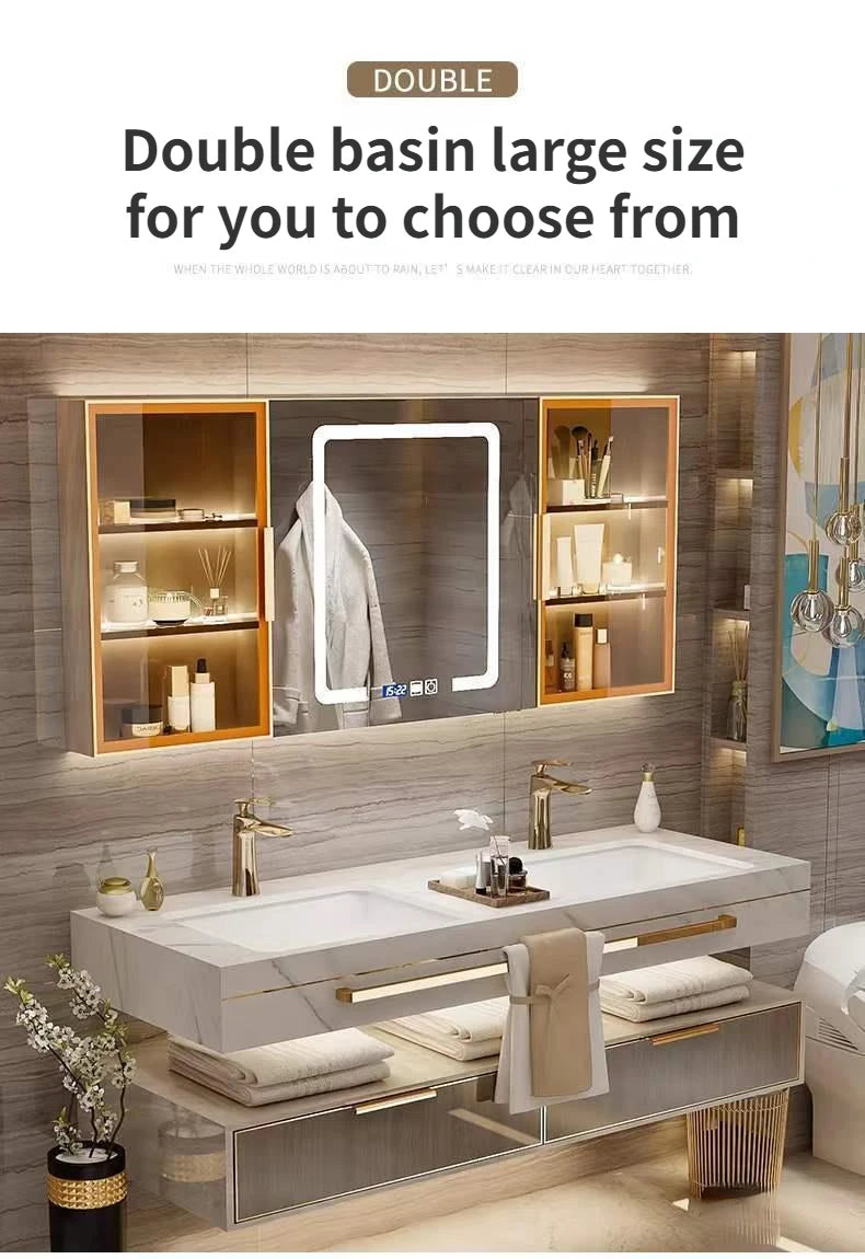 Modern Slate Bathroom Cabinet with Double Washbasin Smart Mirror Ceramic Bathroom Vanity Cabinets Under Sink Bathroom Furniture
