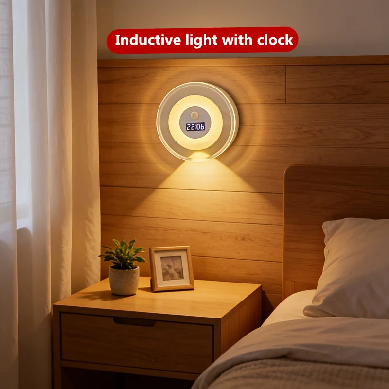 Auto On/Off Smart Sensor Night Light with Clock, Dual Mode Hill & Ambient Light, 3-5M Motion, 3 Colors, LED Wall Lamp forBedroom