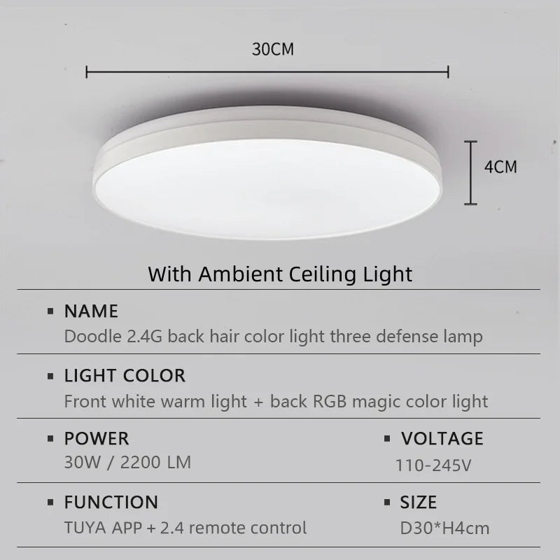 LED Smart Tuya Ceiling Lamp with RGB Bbacklight Bluetooth APP Remote Control Dimming Living Room Bedroom Ambient Ceiling Light