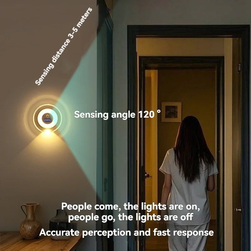 Auto On/Off Smart Sensor Night Light with Clock, Dual Mode Hill & Ambient Light, 3-5M Motion, 3 Colors, LED Wall Lamp forBedroom