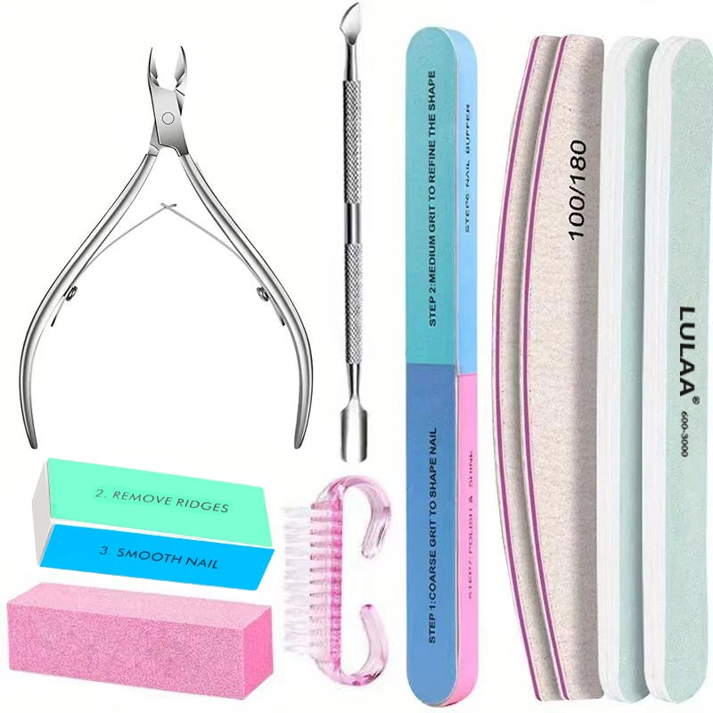 LINMANDA 10Pcs Nail Care Kit: Nail File Nail Polishing Block Cuticle Trimmer Cuticle Pusher Brush Suitable for Home Use