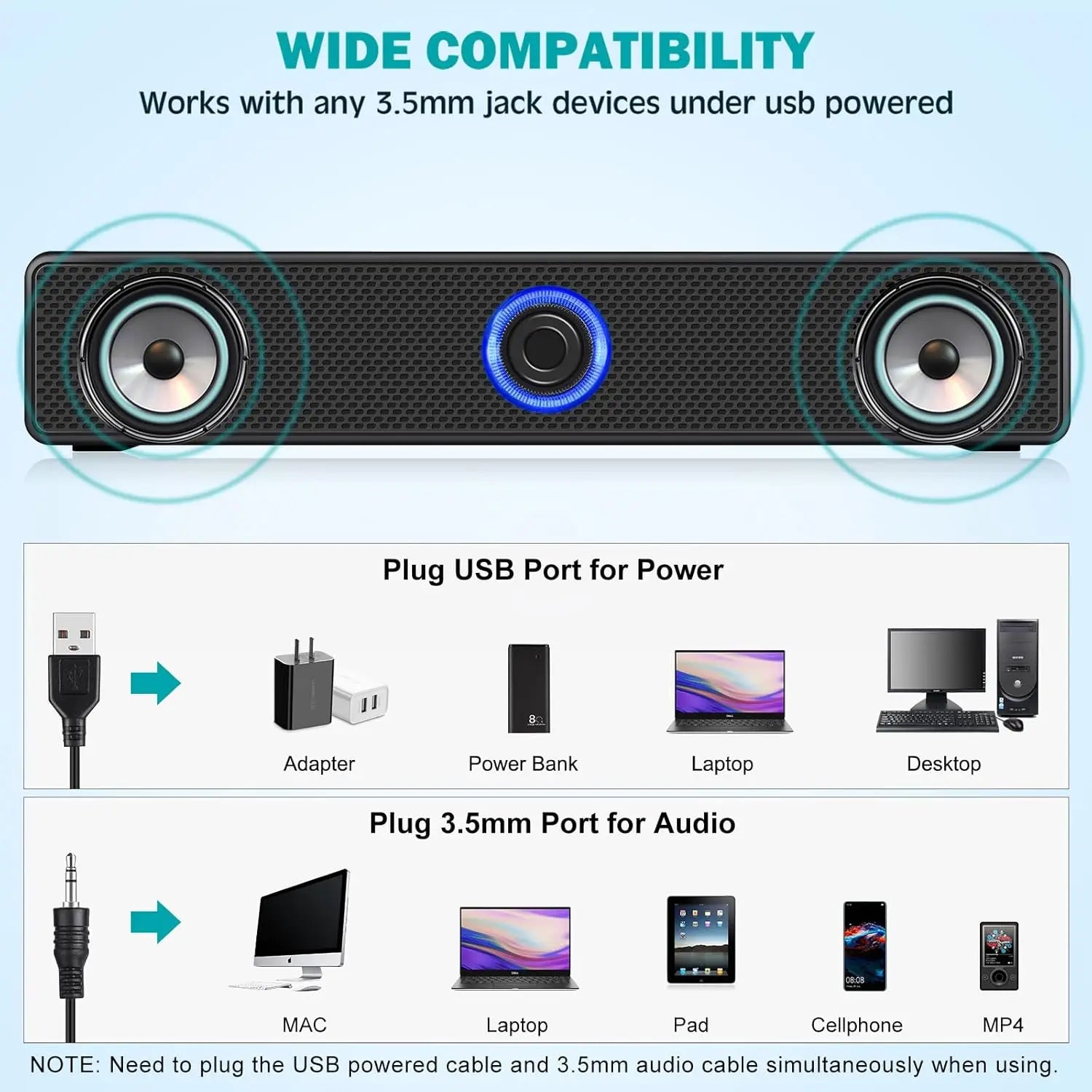 Bluetooth Computer Soundbar Speaker With Dual Speakers Powerful Bass Wired/Wireless Connection For PC Laptop Desktop