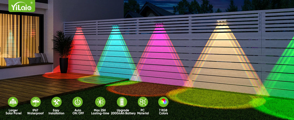 High-end Solar LED Fence Light IP66 Waterproof Auto ON OFF Warm White 6 Colors 7 Modes Solar Wall Lamp for Backyard Outside