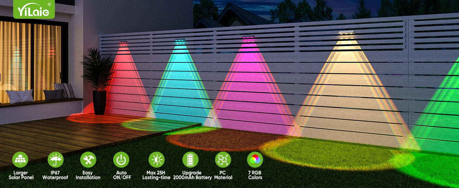 High-end Solar LED Fence Light IP66 Waterproof Auto ON OFF Warm White 6 Colors 7 Modes Solar Wall Lamp for Backyard Outside