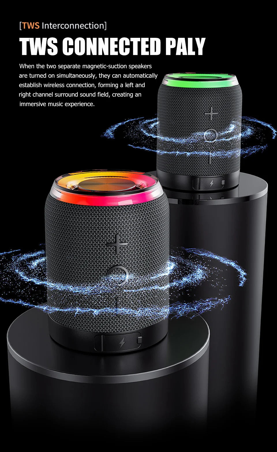 Portable Bluetooth Speaker TWS Stereo Dual Speaker High Volume Wireless Split Speaker Outdoor Waterproof Heavy Bass Speaker