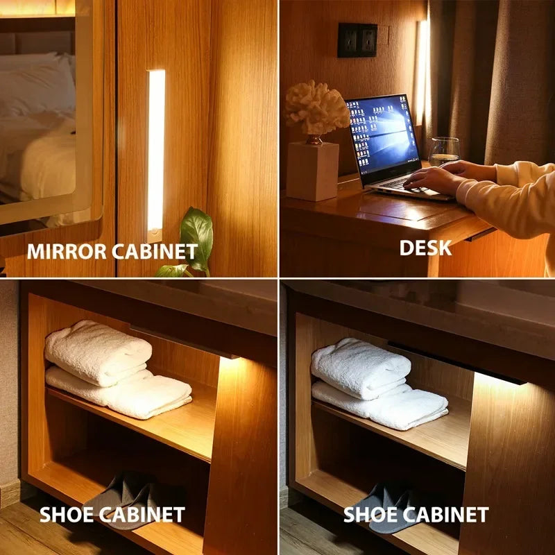 Motion Sensor LED Night Light with USB Charging Magnetic Mount Dimmable Under Cabinet Lighting for Stairway Wardrobe Convenience