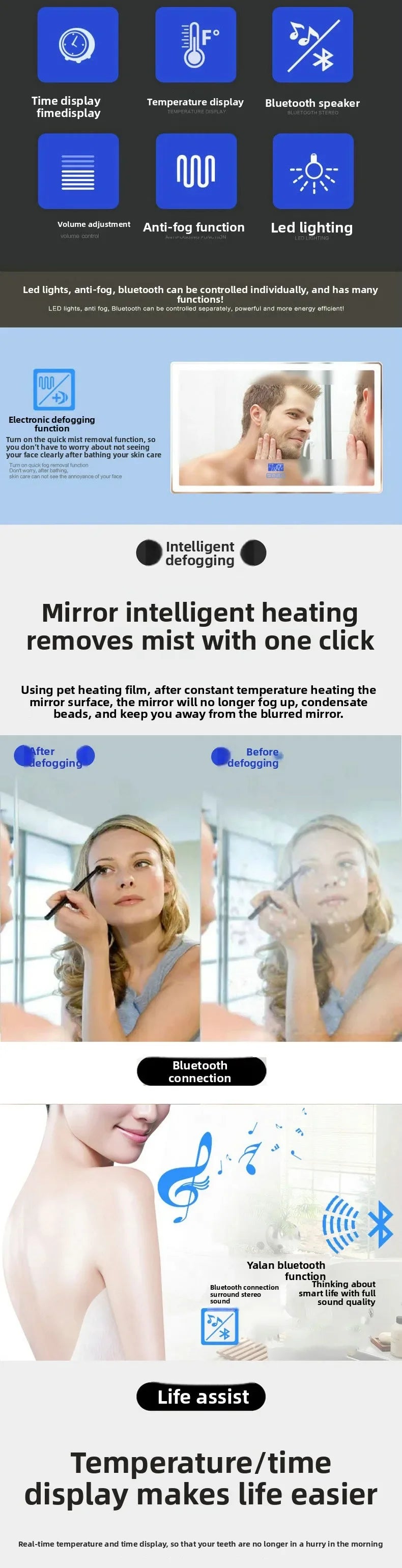 Led Mirror with Light Vanity Mirror 19.5 Inch Smart Round Mirror Bathroom Mirror Anti-fog Makeup Wall Hanging Bathroom Bathroom