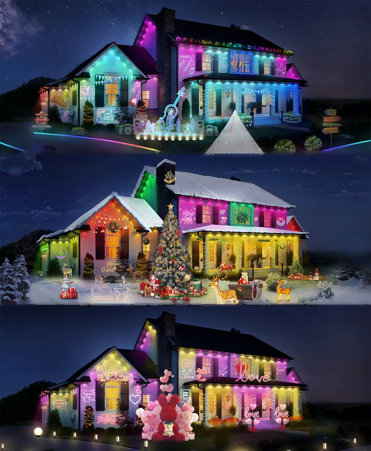 60M Smart RGB Eave Lights App & Remote IP67 Permanent Outdoor LED String Lights Home New Year Christmas Birthday DIY Lighting