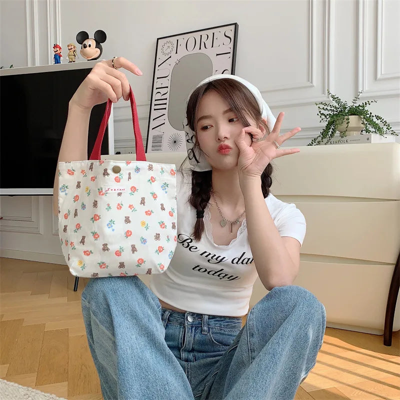 Women's Beauty Flower Canvas Bag Outside Shopping Toiletry Phone Oagnzier Storage Bags Korean Cloth Handbags Lunch Box Bento Bag
