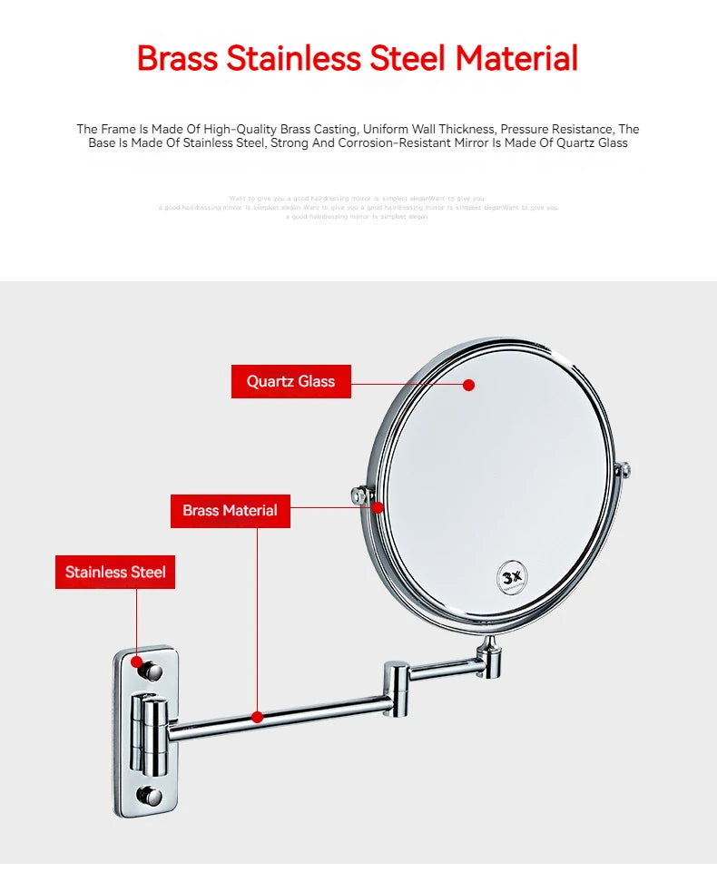 8 Inch Hotel Bathroom Extending Wall Makeup Mirror With 3x Magnification for Cosmetic or Shaving, 360 Swivel Mirrors Chrome