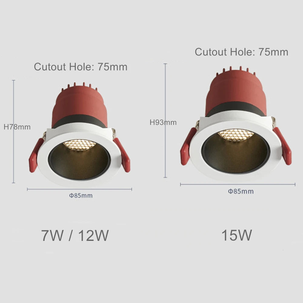 Anti-glare LED Recessed Downlights Dimmable 7W 12W 15W LED Ceiling Spotlight Single Downlight 220V Indoor Lighting Fixture