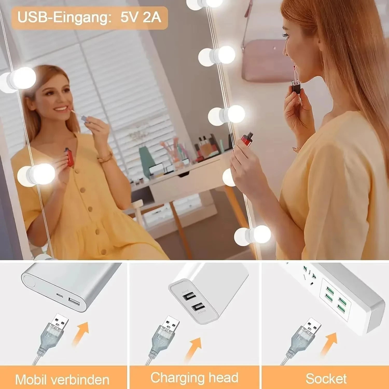 LED Mirror Makeup Mirror w/Lights,Detachable 10LED Bulbs,3 Color Dimmable Vanity Light,Touch Control,USB Powered,Dressing Table