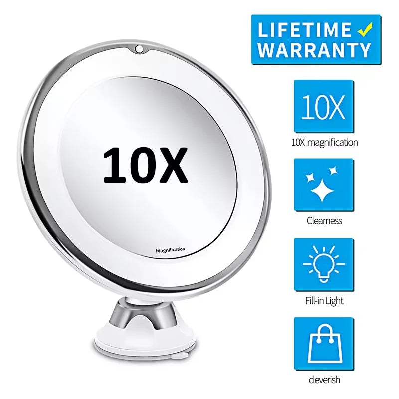 Flexible 10x Magnifying Vanity Mirror with LED Lighted Bathroom Makeup Mirror Lighting Dressing Makeup Lamp Bottom Sucker