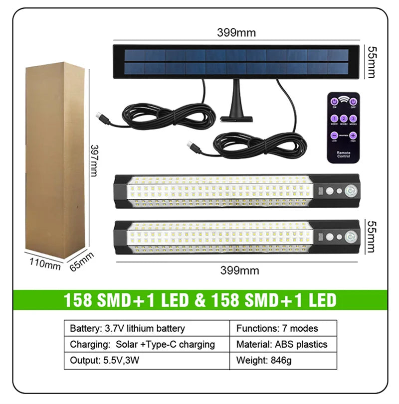 Solar Lights Outdoor Motion Sensor 158LED Flood Lights with Remote Control IP65 Dusk to Dawn Security Spot Lamp For Garden Fence