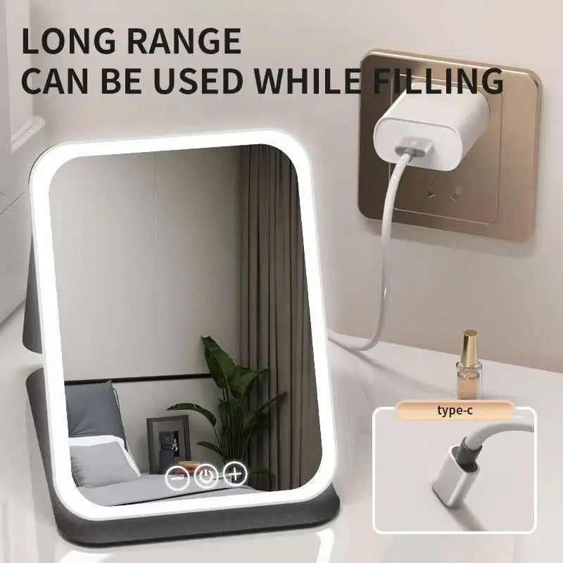 LED Makeup Mirror 3 Colors Light Portable Vanity with Adjustable Brightness USB Charging Foldable for Travel And Home Use