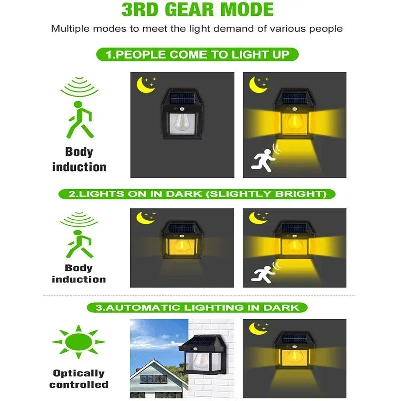 Solar-Powered Waterproof Outdoor Wall Light with Motion Sensor Tungsten Filament Garden Yard Decoration LED Lamp 3 Modes 1-4Pcs