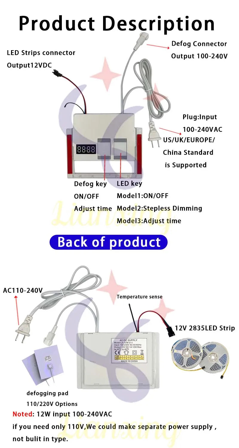 Strip light controller smart switch touch mirror dimmer 12W smart  touch sensor switch with Anti fog dual Touch Bathroom Mirror