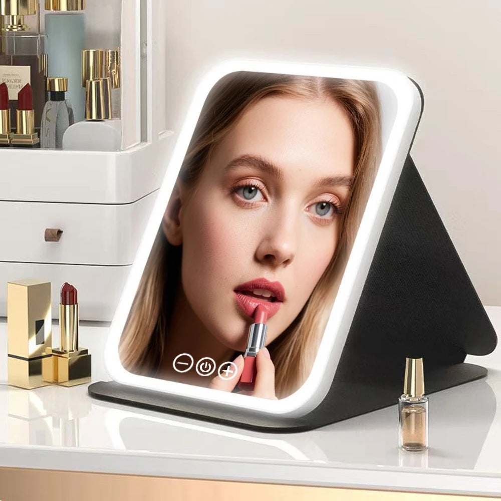 LED Makeup Mirror 3 Colors Light Portable Vanity with Adjustable Brightness USB Charging Foldable for Travel And Home Use