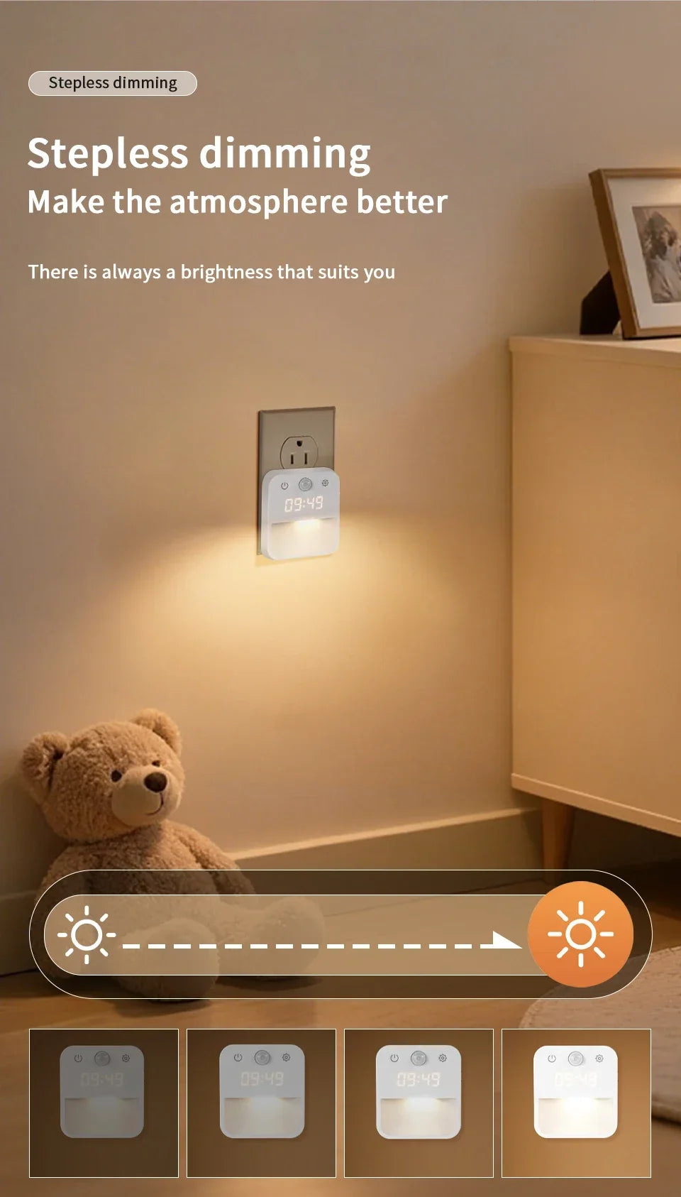 Motion Sensor LED Night Light with Time Display EU and US Socket Plug-in Wall Lamp Smart Sensing Light for Hallway Stair Bedroom