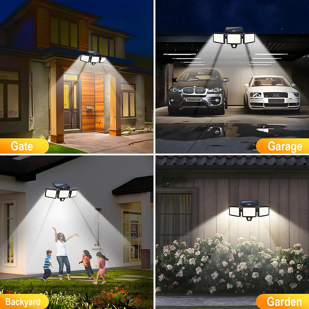 Solar Motion Sensor Flood Lights Outdoor, 283LED 3 Lighting Modes, 3 Head 360° Illumination IP65 Solar Security Lights for Porch