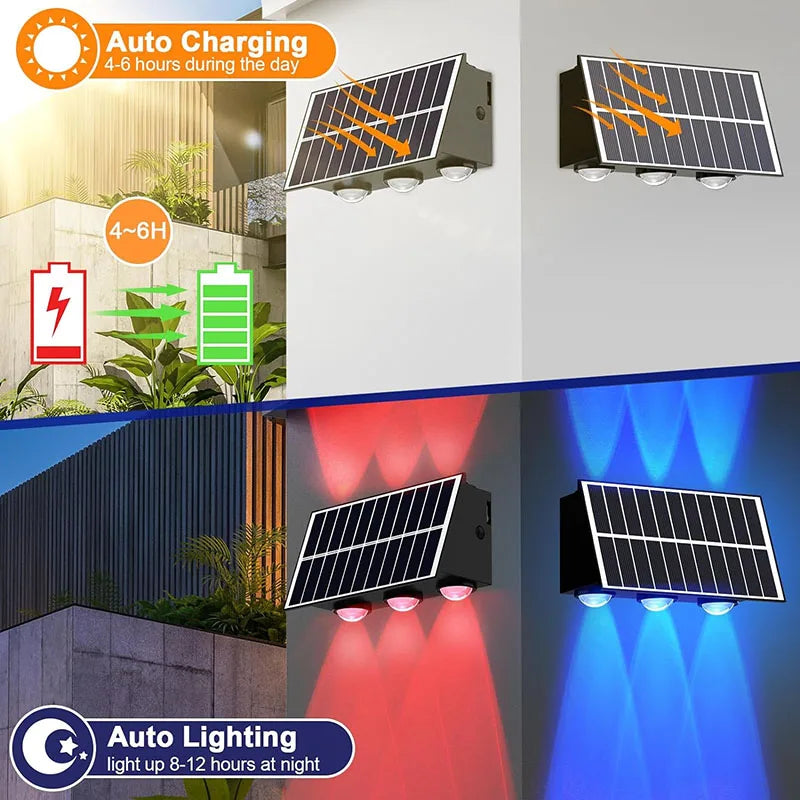 Solar LED Wall Lamp Outdoor Waterproof Porch Lights Upper Lower Spotlight Solar Powered Streetlight for Balcony Courtyard Garden
