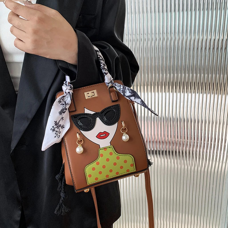2024 Brand Beauty Glasses Handbags for Women High Quality PU Shoulder Bag Cute Scarf Purses and Crossbody Bag