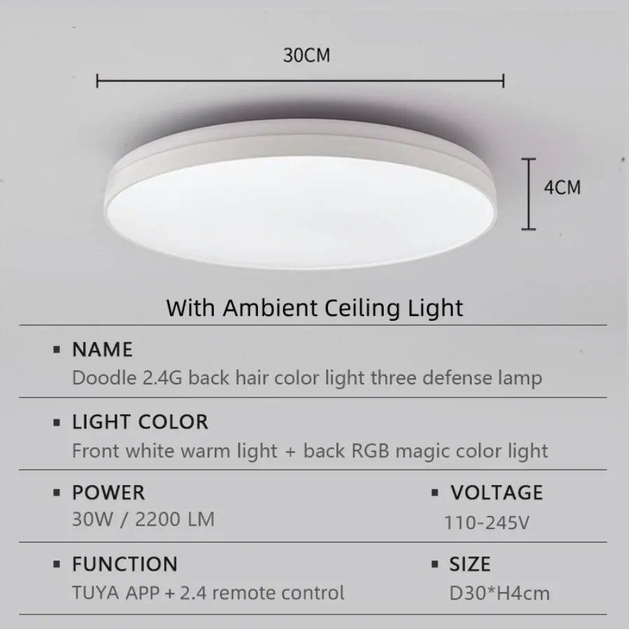 LED Smart Tuya Ceiling Lamp with RGB Bbacklight Bluetooth APP Remote Control Dimming Living Room Bedroom Ambient Ceiling Light