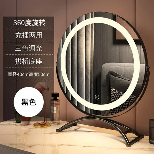 Smart Vanity Mirror with Lights Desktop Makeup Mirror with Charging Portable Rotating Dressing Mirror for Bedroom and Dorm