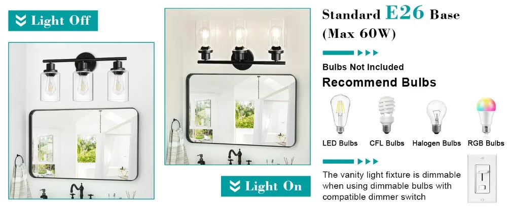 Modern Bathroom Mirror Wall Light Fixtures Black 3-Light Vanity Lights with Clear Glass for Bathroom Living Room Bedroom Hallway
