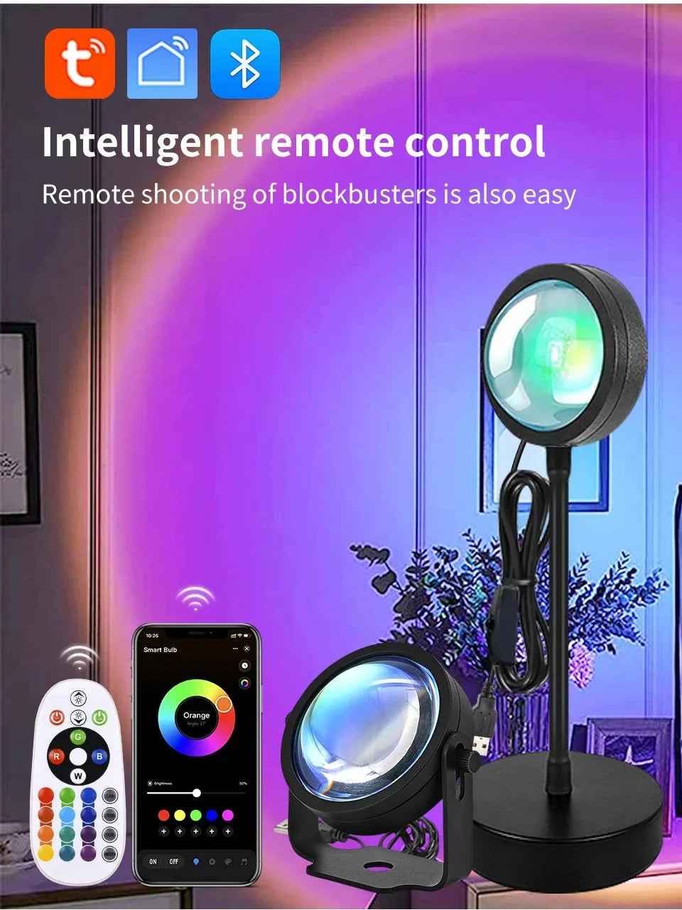Smart LED Sunset Projector Lamp RGB Dimmable Atmosphere Light Tuya WiFi & IR Remote Control Ambient Lighting for Photography