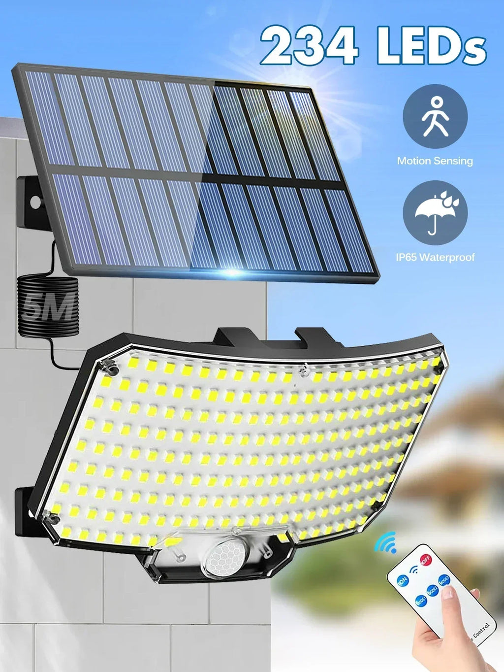 Solar Motion Sensor Lights with Remote,Outdoor Security Flood lights 3 Heads,3 Lighting Modes for Garden Camping 280 Leds-280LED
