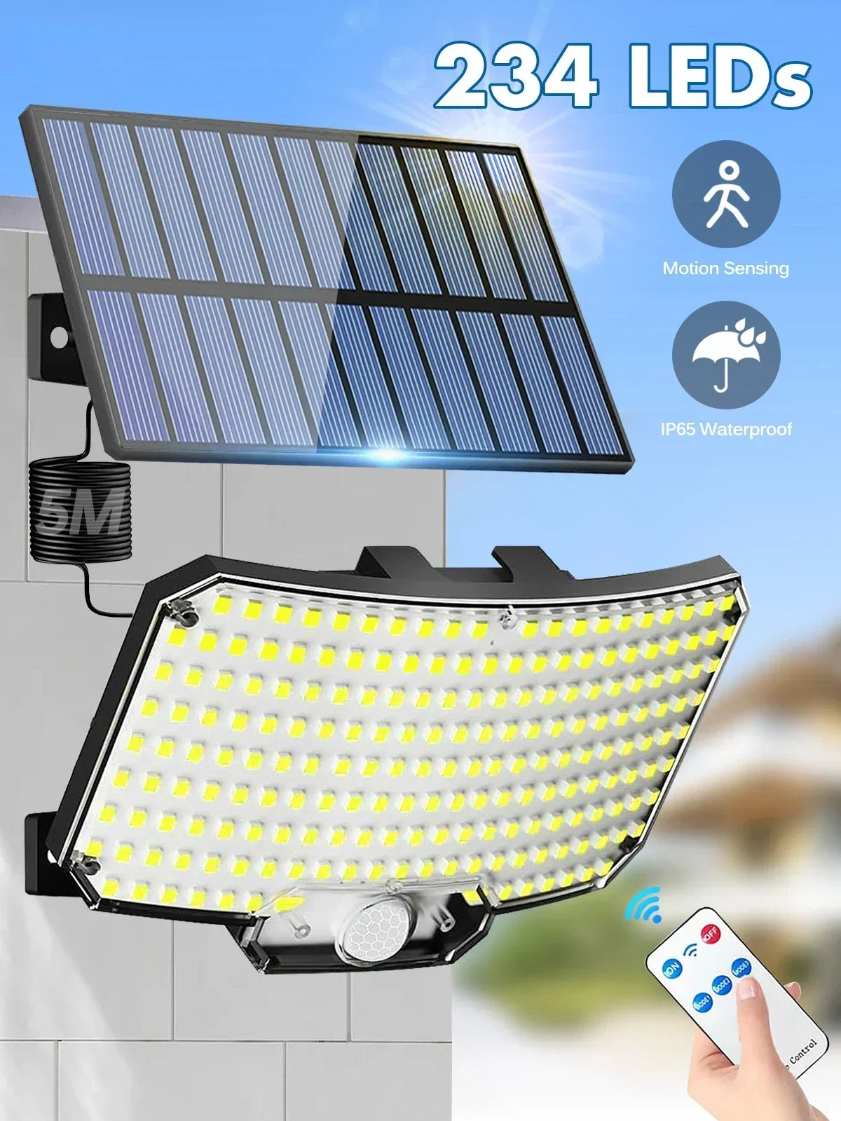 Solar Motion Sensor Lights with Remote,Outdoor Security Flood lights 3 Heads,3 Lighting Modes for Garden Camping 280 Leds-280LED